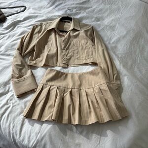 Zara Beige Pinstripe Blazer Skirt Set